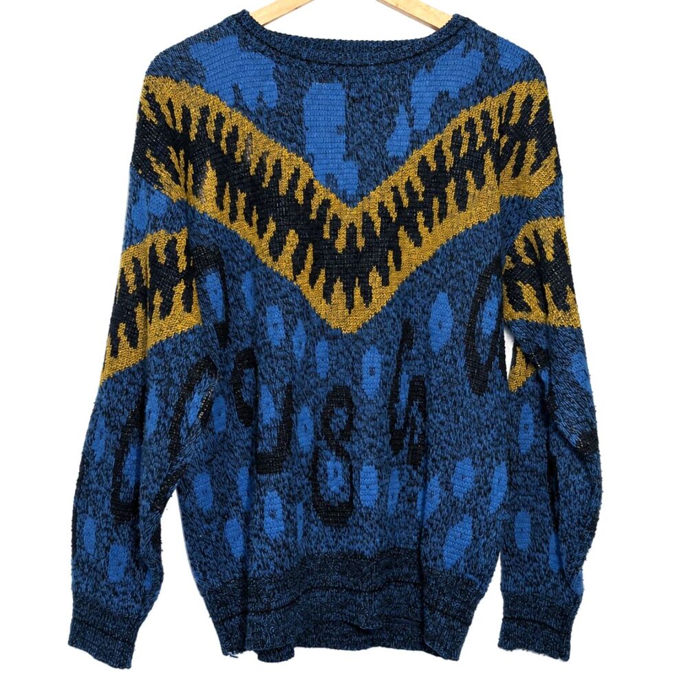 Vintage 80s 90s City Streets Blue Mustard Chevron Geometric Knit Sweater L - Picture 2 of 4